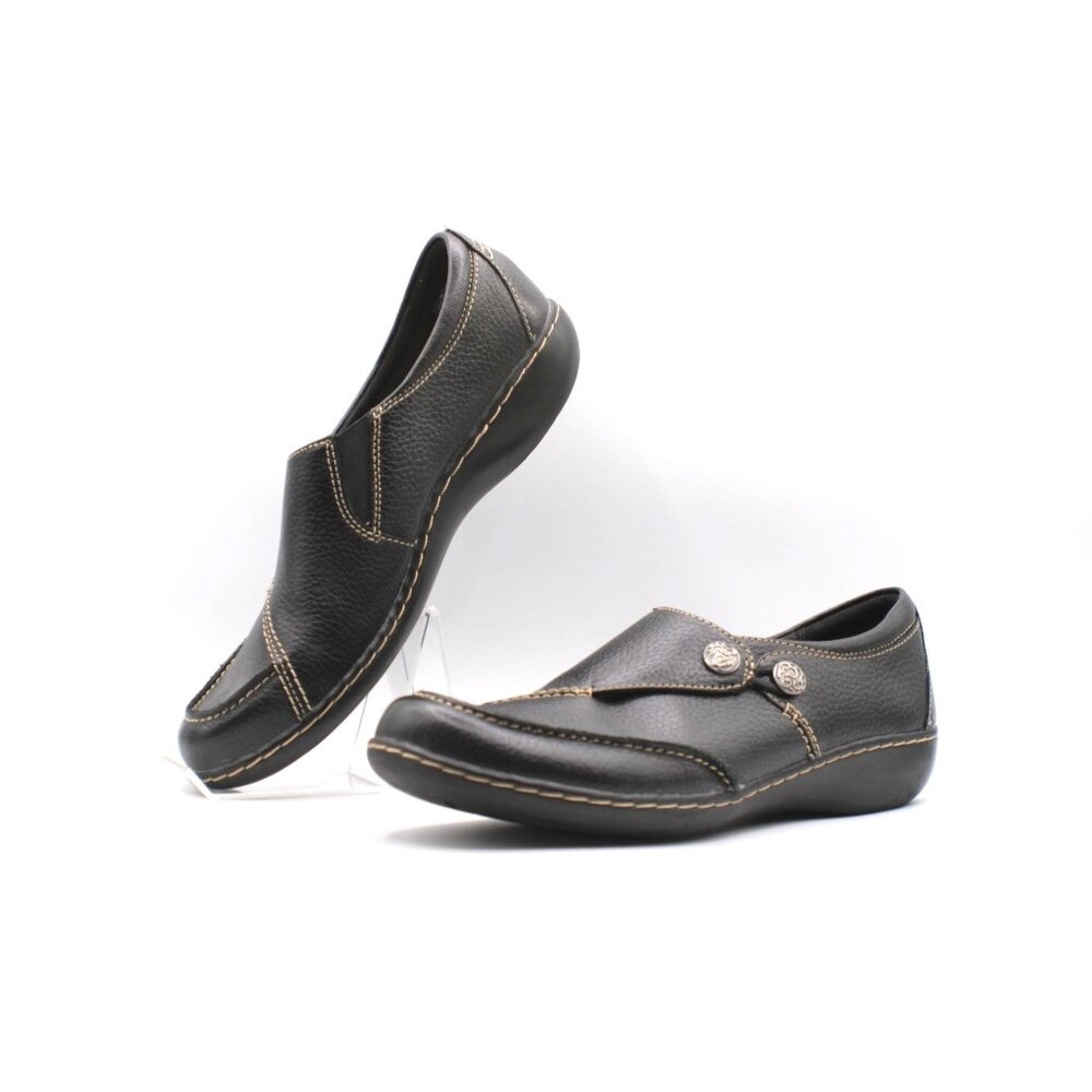 Clarks Ashland Lane Q Womens 9.5 N Black Leather Slip-On Shoes Loafers Ortholite
